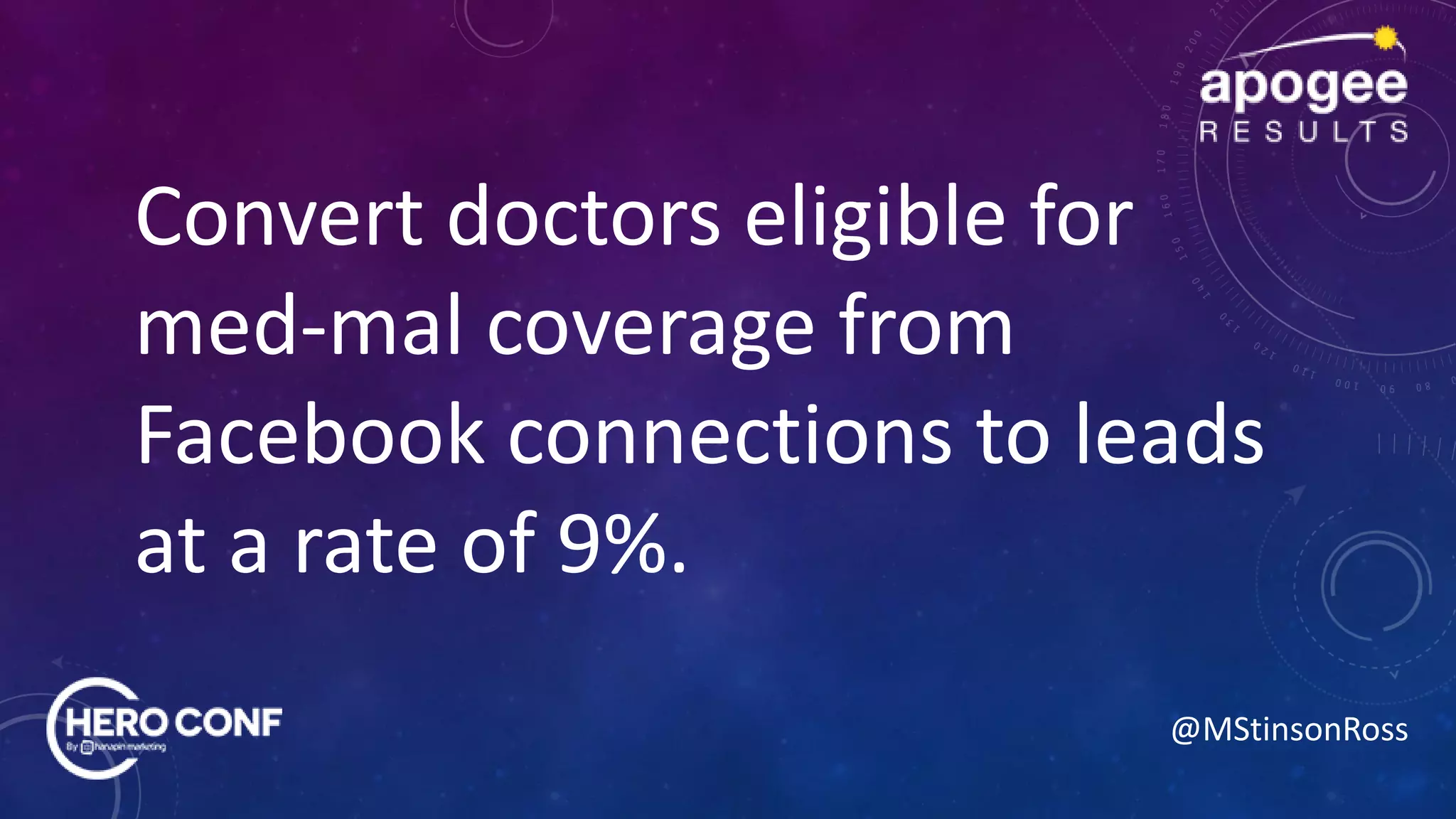 @MStinsonRoss
Convert doctors eligible for
med-mal coverage from
Facebook connections to leads
at a rate of 9%.
 