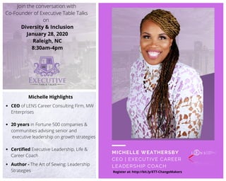 MICHELLE WEATHERSBY
CEO | EXECUTIVE CAREER
LEADERSHIP COACH
Join the conversation with
Co-Founder of Executive Table Talks
on 
Diversity & Inclusion
January 28, 2020
Raleigh, NC
8:30am-4pm
Register at: http://bit.ly/ETT-ChangeMakers
Michelle Highlights
CEO of LENS Career Consulting Firm, MW
Enterprises
20 years in Fortune 500 companies &
communities advising senior and
executive leadership on growth strategies
Certified Executive Leadership, Life &
Career Coach
Author - The Art of Sewing: Leadership
Strategies
 