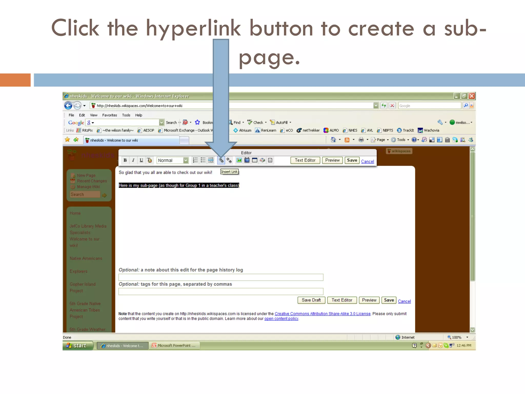 Click the hyperlink button to create a sub-page. 