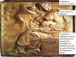 La Madonna  massiccia, perfetta Tiene in braccio il Bambino Il bambino è inglobato nel corpo della Madonna in una torsione incredibile, ciò sottolinea lo studio da parte dell’artista. E’ in bassissimo rilievo. 