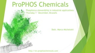 ProPHOS Chemicals
http://en.prophoschemicals.com
Phosphorus stewardship in industrial applications
Thursday 1° December, Brussels
Dott. Marco Michelotti
 