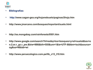 Bibliografías: http:// www.sagan-gea.org/hojaredsuelo/paginas/2hoja.htm  http://www.jmarcano.com/bosques/important/suelo.html  http://es.mongabay.com/rainforests/0501.htm  http://www.google.com/search?hl=es&q=los+bosques+y+el+suelo&bav=o n.2,or.r_gc.r_pw.&biw=986&bih=555&um=1&ie=UTF-8&tbm=isch&source=og&sa=N&tab=wi  http://www.peruecologico.com.pe/lib_c13_t10.htm 