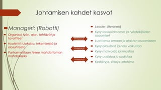 Johtamisen kahdet kasvot
Manageri: (Robotti)
Organisoi työn, ajan, tehtävät ja
tavoitteet
Huolehtii tuloksista, tekemisestä ja
olosuhteista
Parhaimmillaan tekee mahdottoman
mahdolliseksi
 Leader: (Ihminen)
 Kyky fokusoida omat ja työntekijöiden
osaamiset
 Luottamus omaan ja alaisten osaamiseen
 Kyky olla läsnä ja halu vaikuttaa
 Kyky motivoida ja innostaa
 Kyky uudistua ja uudistaa
 Kestävyys, sitkeys, intohimo
Yhteistyö
Yhteistyö
Yhteistyö
 