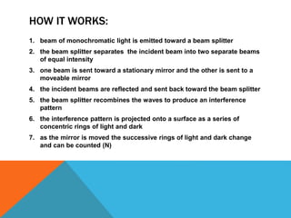 HOW IT WORKS:
1. beam of monochromatic light is emitted toward a beam splitter
2. the beam splitter separates the incident beam into two separate beams
of equal intensity
3. one beam is sent toward a stationary mirror and the other is sent to a
moveable mirror
4. the incident beams are reflected and sent back toward the beam splitter
5. the beam splitter recombines the waves to produce an interference
pattern
6. the interference pattern is projected onto a surface as a series of
concentric rings of light and dark
7. as the mirror is moved the successive rings of light and dark change
and can be counted (N)
 