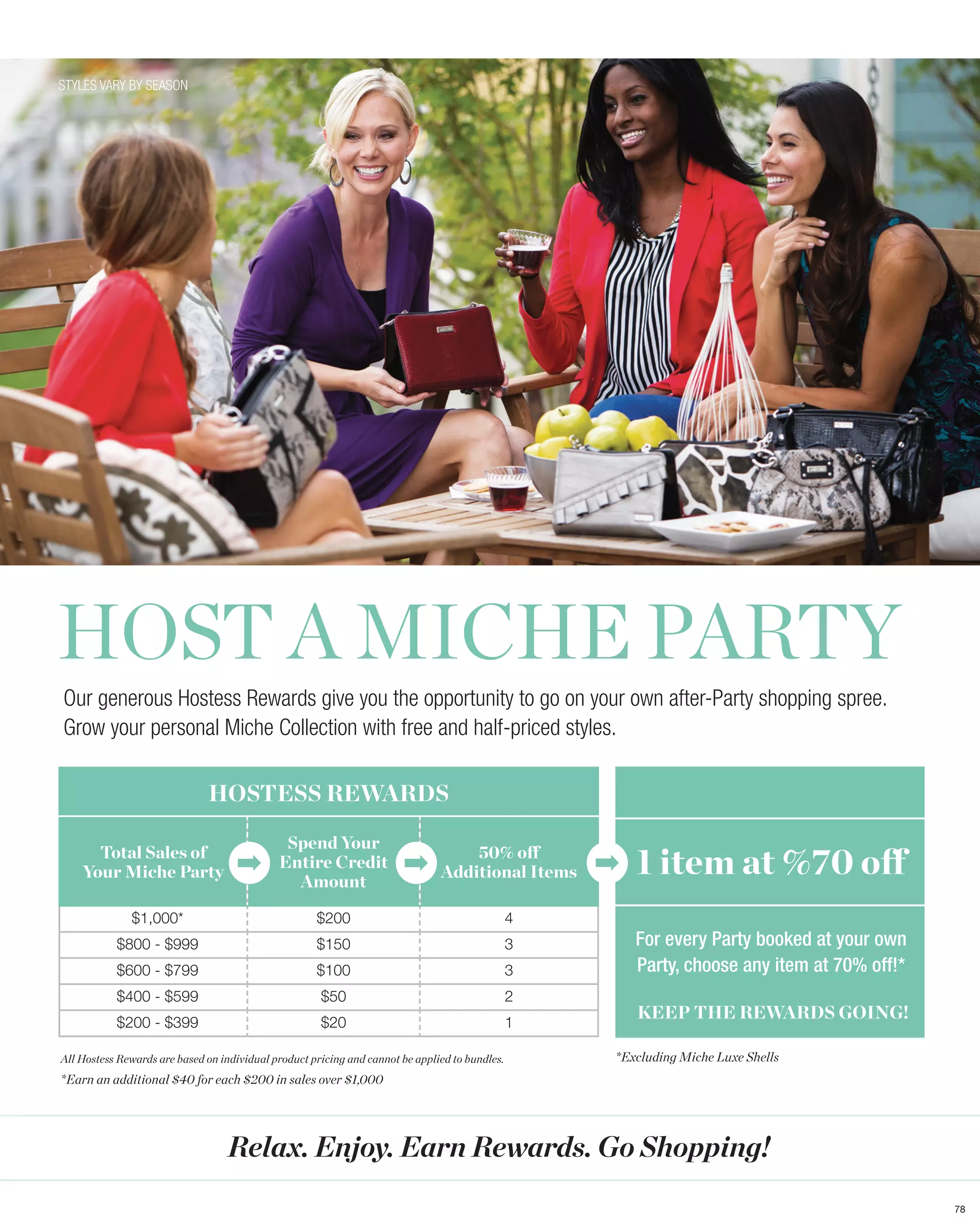 STYLES VARY BY SEASON




HOST A MICHE PARTY
Our generous Hostess Rewards give you the opportunity to go on your own after-Party shopping spree.
Grow your personal Miche Collection with free and half-priced styles.

                               HOSTESS REWARDS

                                              Spend Your
      Total Sales of
    Your Miche Party
                                             Entire Credit
                                               Amount
                                                                                   50% off
                                                                               Additional Items        1 item at %70 off
              $1,000*                                $200                                       4
           $800 - $999                               $150                                       3      For every Party booked at your own
           $600 - $799                               $100                                       3      Party, choose any item at 70% off!*
           $400 - $599                                $50                                       2
                                                                                                       KEEP THE REWARDS GOING!
           $200 - $399                                $20                                       1

All Hostess Rewards are based on individual product pricing and cannot be applied to bundles.       *Excluding Miche Luxe Shells
*Earn an additional $40 for each $200 in sales over $1,000




                                   Relax. Enjoy. Earn Rewards. Go Shopping!
                                                                                                                                             78
 