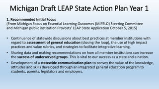 Michigan Draft LEAP State Action Plan Year 1
1. Recommended Initial Focus
(From Michigan Focus on Essential Learning Outcomes (MIFELO) Steering Committee
and Michigan public institution Provosts’ LEAP State Application October 5, 2015)
• Continuance of statewide discussions about best practices at member institutions with
regard to assessment of general education (closing the loop), the use of high impact
practices and value rubrics, and strategies to facilitate integrative learning.
• Sharing data and making recommendations on how all member institutions can increase
the success of underserved groups. This is vital to our success as a state and a nation.
• Development of a statewide communication plan to convey the value of the knowledge,
attitudes and skills developed through an integrated general education program to
students, parents, legislators and employers.
 
