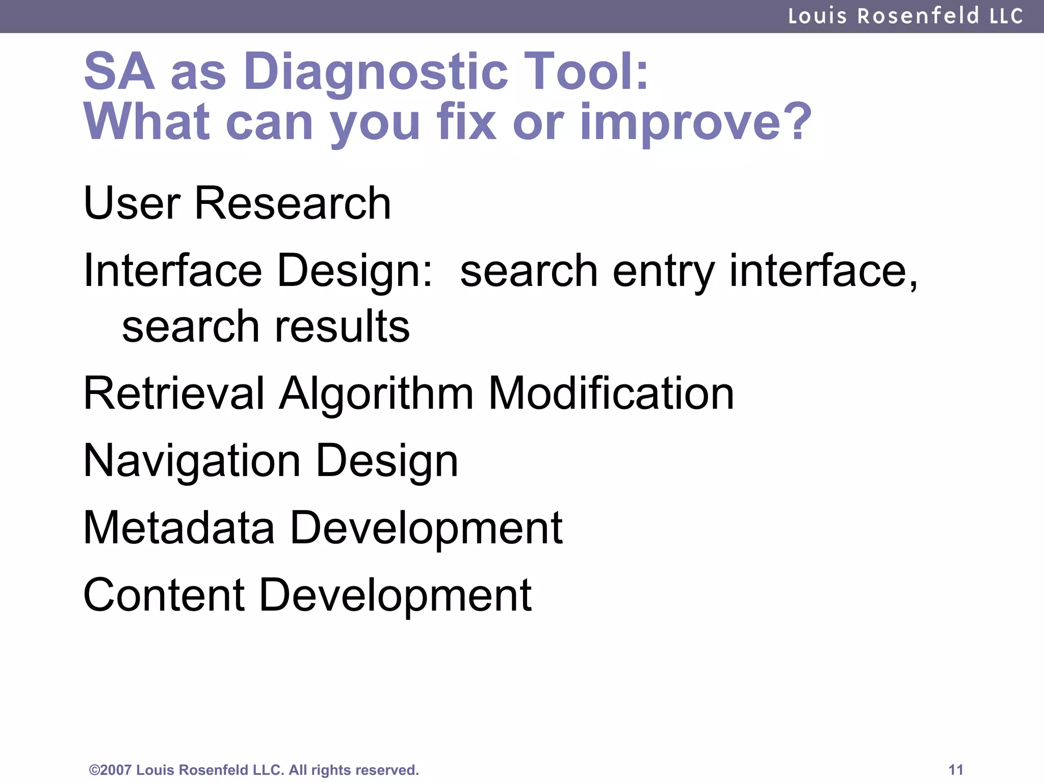 SA as Diagnostic Tool:  What can you fix or improve? User Research Interface Design:  search entry interface, search results Retrieval Algorithm Modification Navigation Design Metadata Development Content Development 