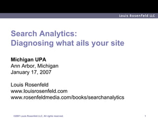 Search Analytics: Diagnosing what ails your site Michigan UPA Ann Arbor, Michigan January 17, 2007 Louis Rosenfeld www.louisrosenfeld.com www.rosenfeldmedia.com/books/searchanalytics 