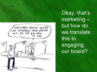 Okay, that’s
marketing –
but how do
we translate
this to
engaging
our board?
 