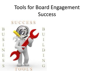 Tools for Board Engagement
           Success
               Board Mentoring

               Succession Planning

               Board Elections

               Term Limits

               The Power of “Bless
               and Release”
 