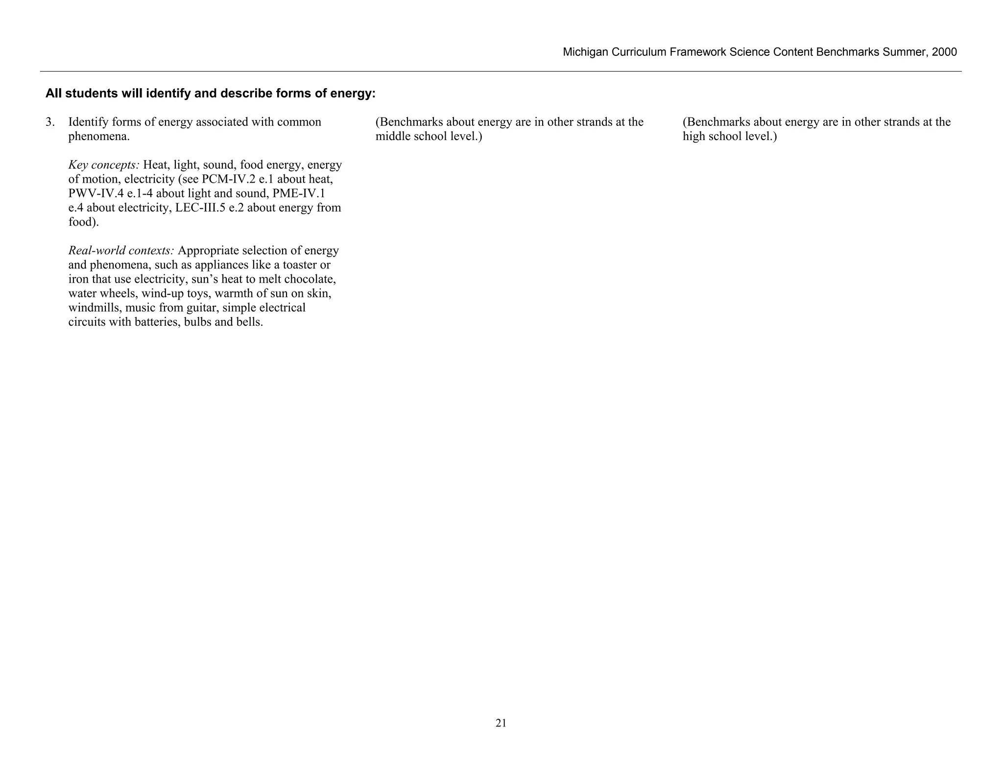 Michigan Curriculum Framework Science Content Benchmarks Summer, 2000


All students will identify and describe forms of energy:

3.   Identify forms of energy associated with common            (Benchmarks about energy are in other strands at the    (Benchmarks about energy are in other strands at the
     phenomena.                                                 middle school level.)                                   high school level.)

     Key concepts: Heat, light, sound, food energy, energy
     of motion, electricity (see PCM-IV.2 e.1 about heat,
     PWV-IV.4 e.1-4 about light and sound, PME-IV.1
     e.4 about electricity, LEC-III.5 e.2 about energy from
     food).

     Real-world contexts: Appropriate selection of energy
     and phenomena, such as appliances like a toaster or
     iron that use electricity, sun’s heat to melt chocolate,
     water wheels, wind-up toys, warmth of sun on skin,
     windmills, music from guitar, simple electrical
     circuits with batteries, bulbs and bells.




 Section II • Michigan Content Standards and Draft Benchmarks
                                                                                       21
 