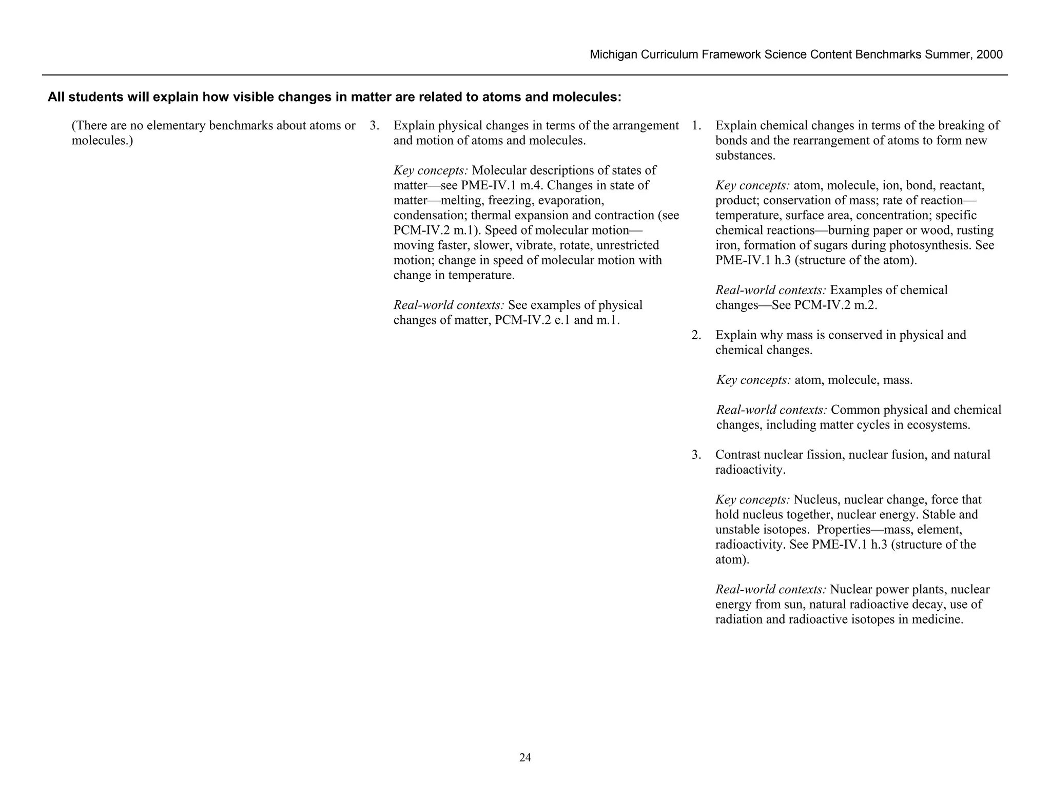 Michigan Curriculum Framework Science Content Benchmarks Summer, 2000


All students will explain how visible changes in matter are related to atoms and molecules:

   (There are no elementary benchmarks about atoms or   3.   Explain physical changes in terms of the arrangement 1.     Explain chemical changes in terms of the breaking of
   molecules.)                                               and motion of atoms and molecules.                          bonds and the rearrangement of atoms to form new
                                                                                                                         substances.
                                                             Key concepts: Molecular descriptions of states of
                                                             matter—see PME-IV.1 m.4. Changes in state of                Key concepts: atom, molecule, ion, bond, reactant,
                                                             matter—melting, freezing, evaporation,                      product; conservation of mass; rate of reaction—
                                                             condensation; thermal expansion and contraction (see        temperature, surface area, concentration; specific
                                                             PCM-IV.2 m.1). Speed of molecular motion—                   chemical reactions—burning paper or wood, rusting
                                                             moving faster, slower, vibrate, rotate, unrestricted        iron, formation of sugars during photosynthesis. See
                                                             motion; change in speed of molecular motion with            PME-IV.1 h.3 (structure of the atom).
                                                             change in temperature.
                                                                                                                         Real-world contexts: Examples of chemical
                                                             Real-world contexts: See examples of physical               changes—See PCM-IV.2 m.2.
                                                             changes of matter, PCM-IV.2 e.1 and m.1.
                                                                                                                    2.   Explain why mass is conserved in physical and
                                                                                                                         chemical changes.

                                                                                                                         Key concepts: atom, molecule, mass.

                                                                                                                         Real-world contexts: Common physical and chemical
                                                                                                                         changes, including matter cycles in ecosystems.

                                                                                                                    3.   Contrast nuclear fission, nuclear fusion, and natural
                                                                                                                         radioactivity.

                                                                                                                         Key concepts: Nucleus, nuclear change, force that
                                                                                                                         hold nucleus together, nuclear energy. Stable and
                                                                                                                         unstable isotopes. Properties—mass, element,
                                                                                                                         radioactivity. See PME-IV.1 h.3 (structure of the
                                                                                                                         atom).

                                                                                                                         Real-world contexts: Nuclear power plants, nuclear
                                                                                                                         energy from sun, natural radioactive decay, use of
                                                                                                                         radiation and radioactive isotopes in medicine.




Section II • Michigan Content Standards and Draft Benchmarks
                                                                                   24
 