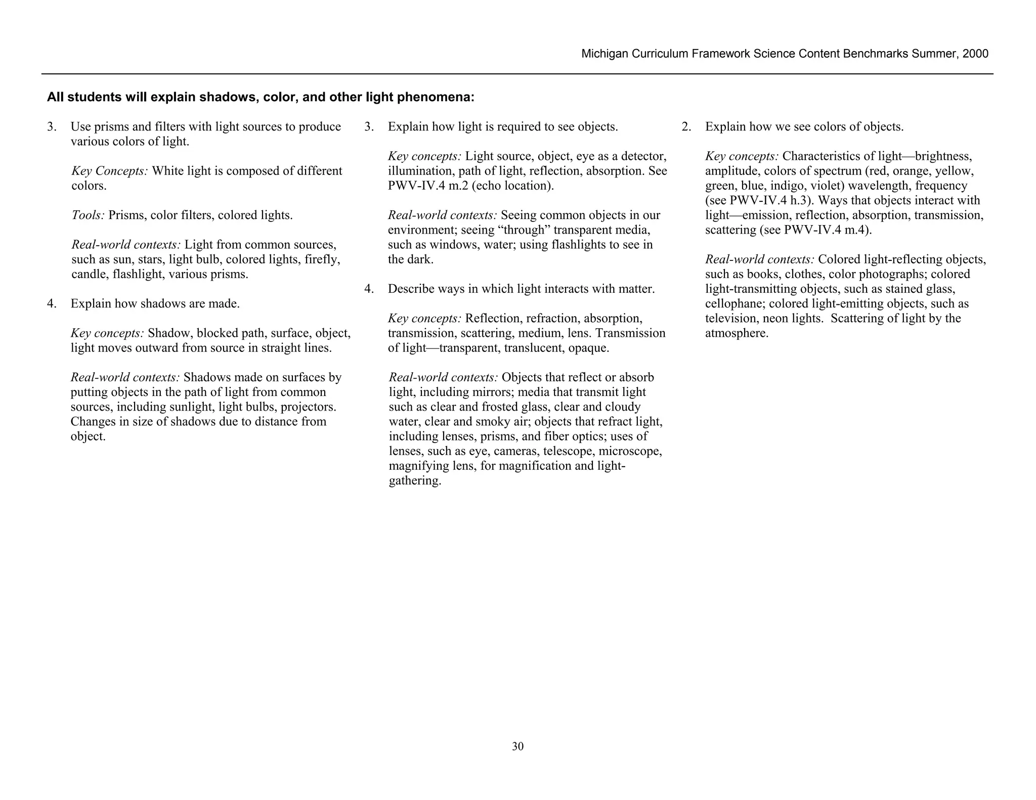 Michigan Curriculum Framework Science Content Benchmarks Summer, 2000


All students will explain shadows, color, and other light phenomena:

3.   Use prisms and filters with light sources to produce       3.   Explain how light is required to see objects.              2.   Explain how we see colors of objects.
     various colors of light.
                                                                     Key concepts: Light source, object, eye as a detector,          Key concepts: Characteristics of light—brightness,
     Key Concepts: White light is composed of different              illumination, path of light, reflection, absorption. See        amplitude, colors of spectrum (red, orange, yellow,
     colors.                                                         PWV-IV.4 m.2 (echo location).                                   green, blue, indigo, violet) wavelength, frequency
                                                                                                                                     (see PWV-IV.4 h.3). Ways that objects interact with
     Tools: Prisms, color filters, colored lights.                   Real-world contexts: Seeing common objects in our               light—emission, reflection, absorption, transmission,
                                                                     environment; seeing “through” transparent media,                scattering (see PWV-IV.4 m.4).
     Real-world contexts: Light from common sources,                 such as windows, water; using flashlights to see in
     such as sun, stars, light bulb, colored lights, firefly,        the dark.                                                       Real-world contexts: Colored light-reflecting objects,
     candle, flashlight, various prisms.                                                                                             such as books, clothes, color photographs; colored
                                                                4.   Describe ways in which light interacts with matter.             light-transmitting objects, such as stained glass,
4.   Explain how shadows are made.                                                                                                   cellophane; colored light-emitting objects, such as
                                                                     Key concepts: Reflection, refraction, absorption,               television, neon lights. Scattering of light by the
     Key concepts: Shadow, blocked path, surface, object,            transmission, scattering, medium, lens. Transmission            atmosphere.
     light moves outward from source in straight lines.              of light—transparent, translucent, opaque.

     Real-world contexts: Shadows made on surfaces by                Real-world contexts: Objects that reflect or absorb
     putting objects in the path of light from common                light, including mirrors; media that transmit light
     sources, including sunlight, light bulbs, projectors.           such as clear and frosted glass, clear and cloudy
     Changes in size of shadows due to distance from                 water, clear and smoky air; objects that refract light,
     object.                                                         including lenses, prisms, and fiber optics; uses of
                                                                     lenses, such as eye, cameras, telescope, microscope,
                                                                     magnifying lens, for magnification and light-
                                                                     gathering.




 Section II • Michigan Content Standards and Draft Benchmarks
                                                                                             30
 