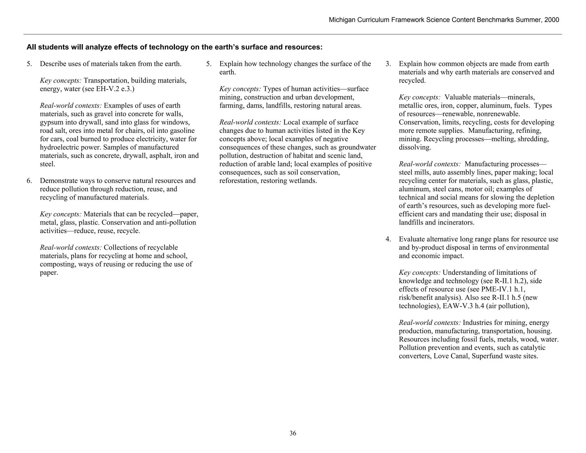 Michigan Curriculum Framework Science Content Benchmarks Summer, 2000



All students will analyze effects of technology on the earth’s surface and resources:

5.   Describe uses of materials taken from the earth.           5.   Explain how technology changes the surface of the      3.   Explain how common objects are made from earth
                                                                     earth.                                                      materials and why earth materials are conserved and
     Key concepts: Transportation, building materials,                                                                           recycled.
     energy, water (see EH-V.2 e.3.)                                 Key concepts: Types of human activities—surface
                                                                     mining, construction and urban development,                 Key concepts: Valuable materials—minerals,
     Real-world contexts: Examples of uses of earth                  farming, dams, landfills, restoring natural areas.          metallic ores, iron, copper, aluminum, fuels. Types
     materials, such as gravel into concrete for walls,                                                                          of resources—renewable, nonrenewable.
     gypsum into drywall, sand into glass for windows,               Real-world contexts: Local example of surface               Conservation, limits, recycling, costs for developing
     road salt, ores into metal for chairs, oil into gasoline        changes due to human activities listed in the Key           more remote supplies. Manufacturing, refining,
     for cars, coal burned to produce electricity, water for         concepts above; local examples of negative                  mining. Recycling processes—melting, shredding,
     hydroelectric power. Samples of manufactured                    consequences of these changes, such as groundwater          dissolving.
     materials, such as concrete, drywall, asphalt, iron and         pollution, destruction of habitat and scenic land,
     steel.                                                          reduction of arable land; local examples of positive        Real-world contexts: Manufacturing processes—
                                                                     consequences, such as soil conservation,                    steel mills, auto assembly lines, paper making; local
6.   Demonstrate ways to conserve natural resources and              reforestation, restoring wetlands.                          recycling center for materials, such as glass, plastic,
     reduce pollution through reduction, reuse, and                                                                              aluminum, steel cans, motor oil; examples of
     recycling of manufactured materials.                                                                                        technical and social means for slowing the depletion
                                                                                                                                 of earth’s resources, such as developing more fuel-
     Key concepts: Materials that can be recycled—paper,                                                                         efficient cars and mandating their use; disposal in
     metal, glass, plastic. Conservation and anti-pollution                                                                      landfills and incinerators.
     activities—reduce, reuse, recycle.
                                                                                                                            4.   Evaluate alternative long range plans for resource use
     Real-world contexts: Collections of recyclable                                                                              and by-product disposal in terms of environmental
     materials, plans for recycling at home and school,                                                                          and economic impact.
     composting, ways of reusing or reducing the use of
     paper.                                                                                                                      Key concepts: Understanding of limitations of
                                                                                                                                 knowledge and technology (see R-II.1 h.2), side
                                                                                                                                 effects of resource use (see PME-IV.1 h.1,
                                                                                                                                 risk/benefit analysis). Also see R-II.1 h.5 (new
                                                                                                                                 technologies), EAW-V.3 h.4 (air pollution),

                                                                                                                                 Real-world contexts: Industries for mining, energy
                                                                                                                                 production, manufacturing, transportation, housing.
                                                                                                                                 Resources including fossil fuels, metals, wood, water.
                                                                                                                                 Pollution prevention and events, such as catalytic
                                                                                                                                 converters, Love Canal, Superfund waste sites.




 Section II • Michigan Content Standards and Draft Benchmarks

                                                                                            36
 