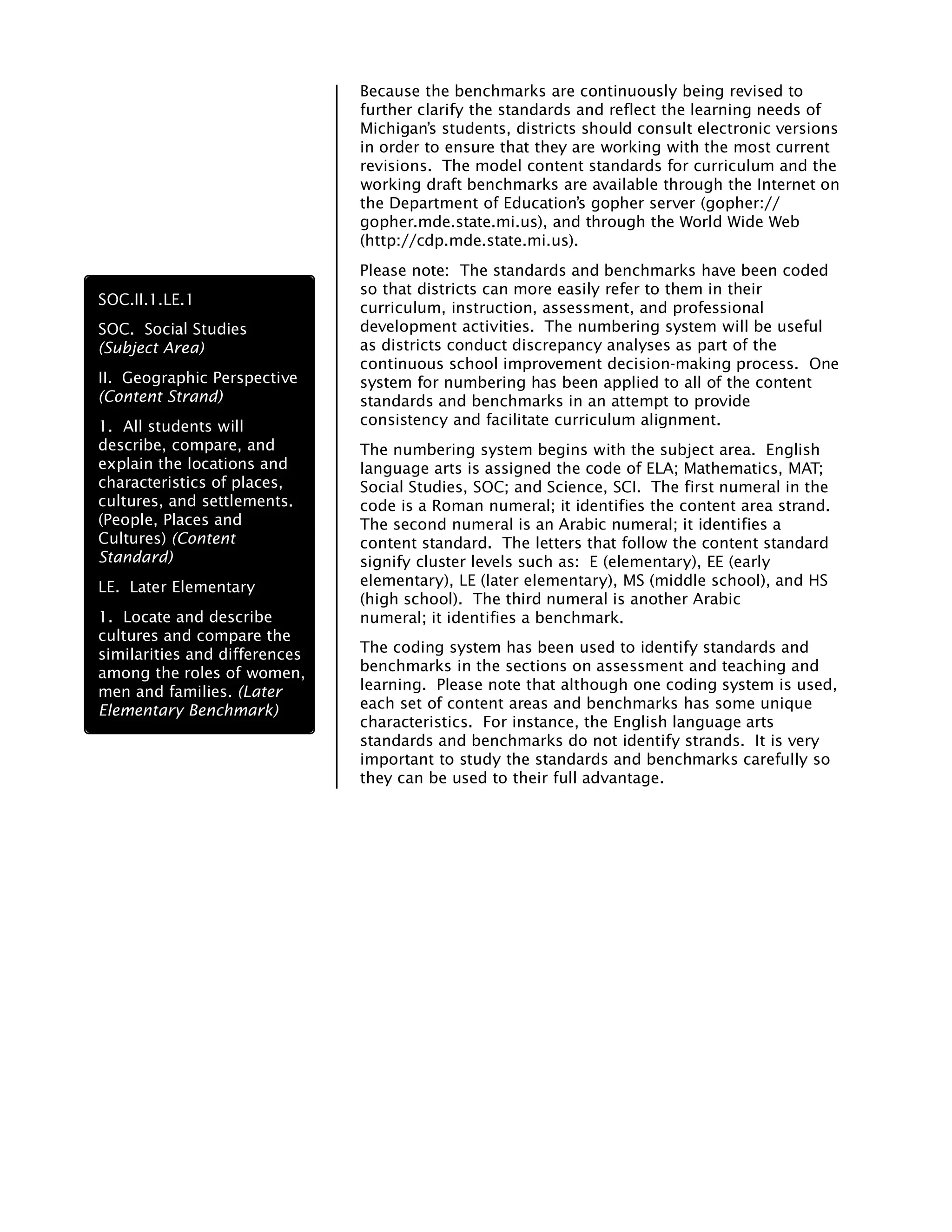 Because the benchmarks are continuously being revised to
                               further clarify the standards and reflect the learning needs of
                               Michigan’s students, districts should consult electronic versions
                               in order to ensure that they are working with the most current
                               revisions. The model content standards for curriculum and the
                               working draft benchmarks are available through the Internet on
                               the Department of Education’s gopher server (gopher://
                               gopher.mde.state.mi.us), and through the World Wide Web
                               (http://cdp.mde.state.mi.us).
                               Please note: The standards and benchmarks have been coded
                               so that districts can more easily refer to them in their
SOC.II.1.LE.1
                               curriculum, instruction, assessment, and professional
SOC. Social Studies            development activities. The numbering system will be useful
(Subject Area)                 as districts conduct discrepancy analyses as part of the
                               continuous school improvement decision-making process. One
II. Geographic Perspective     system for numbering has been applied to all of the content
(Content Strand)               standards and benchmarks in an attempt to provide
1. All students will           consistency and facilitate curriculum alignment.
describe, compare, and         The numbering system begins with the subject area. English
explain the locations and      language arts is assigned the code of ELA; Mathematics, MAT;
characteristics of places,     Social Studies, SOC; and Science, SCI. The first numeral in the
cultures, and settlements.     code is a Roman numeral; it identifies the content area strand.
(People, Places and            The second numeral is an Arabic numeral; it identifies a
Cultures) (Content             content standard. The letters that follow the content standard
Standard)                      signify cluster levels such as: E (elementary), EE (early
LE. Later Elementary           elementary), LE (later elementary), MS (middle school), and HS
                               (high school). The third numeral is another Arabic
1. Locate and describe         numeral; it identifies a benchmark.
cultures and compare the
similarities and differences   The coding system has been used to identify standards and
among the roles of women,      benchmarks in the sections on assessment and teaching and
men and families. (Later       learning. Please note that although one coding system is used,
Elementary Benchmark)          each set of content areas and benchmarks has some unique
                               characteristics. For instance, the English language arts
                               standards and benchmarks do not identify strands. It is very
                               important to study the standards and benchmarks carefully so
                               they can be used to their full advantage.
 