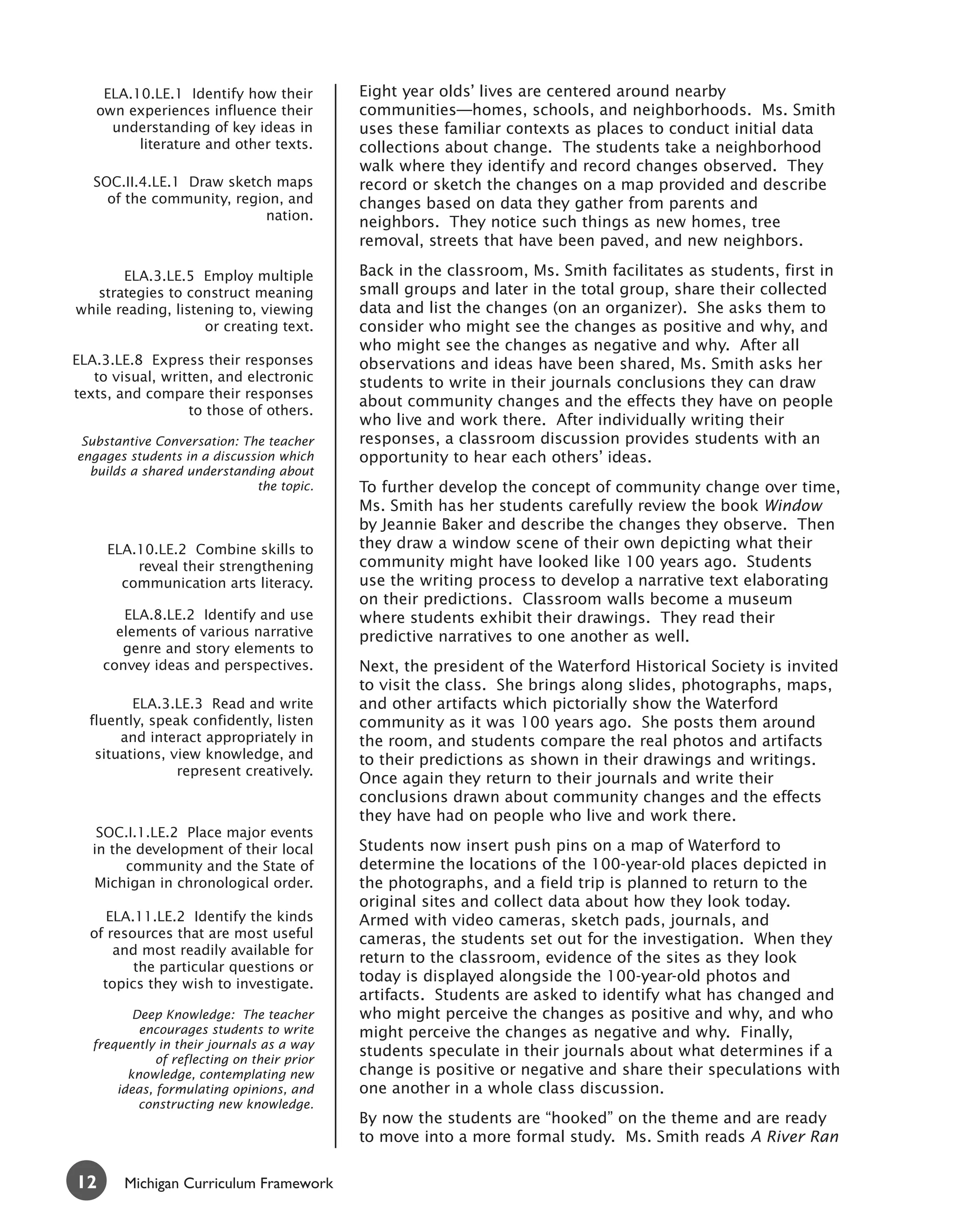 ELA.10.LE.1 Identify how their           Eight year olds’ lives are centered around nearby
   own experiences influence their           communities—homes, schools, and neighborhoods. Ms. Smith
     understanding of key ideas in           uses these familiar contexts as places to conduct initial data
         literature and other texts.         collections about change. The students take a neighborhood
                                             walk where they identify and record changes observed. They
   SOC.II.4.LE.1 Draw sketch maps            record or sketch the changes on a map provided and describe
     of the community, region, and           changes based on data they gather from parents and
                           nation.           neighbors. They notice such things as new homes, tree
                                             removal, streets that have been paved, and new neighbors.

       ELA.3.LE.5 Employ multiple            Back in the classroom, Ms. Smith facilitates as students, first in
   strategies to construct meaning           small groups and later in the total group, share their collected
while reading, listening to, viewing         data and list the changes (on an organizer). She asks them to
                    or creating text.        consider who might see the changes as positive and why, and
                                             who might see the changes as negative and why. After all
ELA.3.LE.8 Express their responses           observations and ideas have been shared, Ms. Smith asks her
   to visual, written, and electronic        students to write in their journals conclusions they can draw
texts, and compare their responses
                                             about community changes and the effects they have on people
                  to those of others.
                                             who live and work there. After individually writing their
 Substantive Conversation: The teacher       responses, a classroom discussion provides students with an
engages students in a discussion which       opportunity to hear each others’ ideas.
  builds a shared understanding about
                             the topic.      To further develop the concept of community change over time,
                                             Ms. Smith has her students carefully review the book Window
                                             by Jeannie Baker and describe the changes they observe. Then
     ELA.10.LE.2 Combine skills to           they draw a window scene of their own depicting what their
         reveal their strengthening          community might have looked like 100 years ago. Students
       communication arts literacy.          use the writing process to develop a narrative text elaborating
                                             on their predictions. Classroom walls become a museum
        ELA.8.LE.2 Identify and use          where students exhibit their drawings. They read their
       elements of various narrative         predictive narratives to one another as well.
        genre and story elements to
     convey ideas and perspectives.          Next, the president of the Waterford Historical Society is invited
                                             to visit the class. She brings along slides, photographs, maps,
         ELA.3.LE.3 Read and write           and other artifacts which pictorially show the Waterford
  fluently, speak confidently, listen        community as it was 100 years ago. She posts them around
       and interact appropriately in         the room, and students compare the real photos and artifacts
   situations, view knowledge, and           to their predictions as shown in their drawings and writings.
                represent creatively.
                                             Once again they return to their journals and write their
                                             conclusions drawn about community changes and the effects
                                             they have had on people who live and work there.
    SOC.I.1.LE.2 Place major events
   in the development of their local         Students now insert push pins on a map of Waterford to
        community and the State of           determine the locations of the 100-year-old places depicted in
   Michigan in chronological order.          the photographs, and a field trip is planned to return to the
                                             original sites and collect data about how they look today.
     ELA.11.LE.2 Identify the kinds          Armed with video cameras, sketch pads, journals, and
  of resources that are most useful          cameras, the students set out for the investigation. When they
      and most readily available for
                                             return to the classroom, evidence of the sites as they look
         the particular questions or
    topics they wish to investigate.
                                             today is displayed alongside the 100-year-old photos and
                                             artifacts. Students are asked to identify what has changed and
          Deep Knowledge: The teacher        who might perceive the changes as positive and why, and who
           encourages students to write      might perceive the changes as negative and why. Finally,
   frequently in their journals as a way
              of reflecting on their prior
                                             students speculate in their journals about what determines if a
         knowledge, contemplating new        change is positive or negative and share their speculations with
       ideas, formulating opinions, and      one another in a whole class discussion.
           constructing new knowledge.
                                             By now the students are “hooked” on the theme and are ready
                                             to move into a more formal study. Ms. Smith reads A River Ran

12      Michigan Curriculum Framework
 