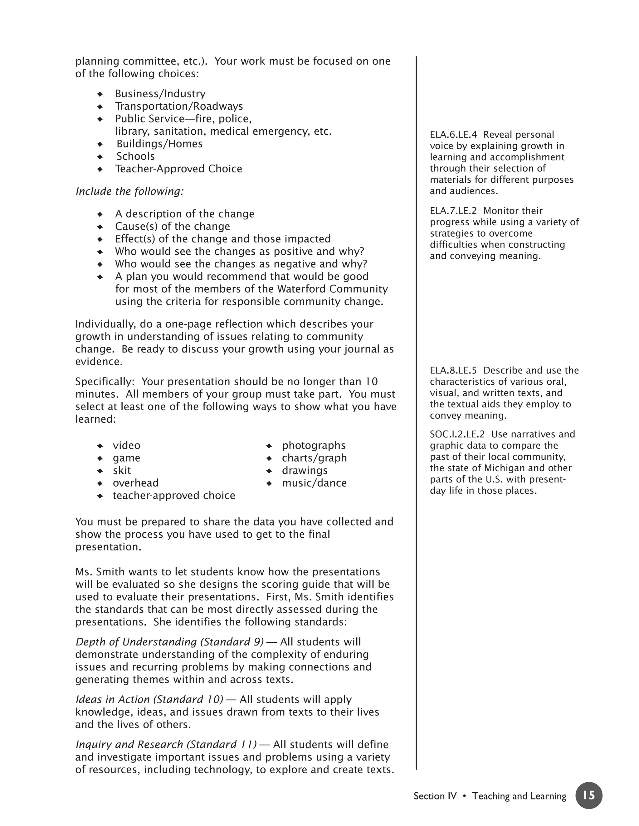 planning committee, etc.). Your work must be focused on one
of the following choices:
        Business/Industry
        Transportation/Roadways
        Public Service—fire, police,
        library, sanitation, medical emergency, etc.                   ELA.6.LE.4 Reveal personal
        Buildings/Homes                                                voice by explaining growth in
        Schools                                                        learning and accomplishment
        Teacher-Approved Choice                                        through their selection of
                                                                       materials for different purposes
Include the following:                                                 and audiences.

        A description of the change                                    ELA.7.LE.2 Monitor their
        Cause(s) of the change                                         progress while using a variety of
                                                                       strategies to overcome
        Effect(s) of the change and those impacted
                                                                       difficulties when constructing
        Who would see the changes as positive and why?                 and conveying meaning.
        Who would see the changes as negative and why?
        A plan you would recommend that would be good
        for most of the members of the Waterford Community
        using the criteria for responsible community change.

Individually, do a one-page reflection which describes your
growth in understanding of issues relating to community
change. Be ready to discuss your growth using your journal as
evidence.
                                                                       ELA.8.LE.5 Describe and use the
Specifically: Your presentation should be no longer than 10            characteristics of various oral,
minutes. All members of your group must take part. You must            visual, and written texts, and
select at least one of the following ways to show what you have        the textual aids they employ to
learned:                                                               convey meaning.

                                                                       SOC.I.2.LE.2 Use narratives and
       video                              photographs                  graphic data to compare the
       game                               charts/graph                 past of their local community,
       skit                               drawings                     the state of Michigan and other
       overhead                           music/dance                  parts of the U.S. with present-
                                                                       day life in those places.
       teacher-approved choice

You must be prepared to share the data you have collected and
show the process you have used to get to the final
presentation.

Ms. Smith wants to let students know how the presentations
will be evaluated so she designs the scoring guide that will be
used to evaluate their presentations. First, Ms. Smith identifies
the standards that can be most directly assessed during the
presentations. She identifies the following standards:
Depth of Understanding (Standard 9) — All students will
demonstrate understanding of the complexity of enduring
issues and recurring problems by making connections and
generating themes within and across texts.
Ideas in Action (Standard 10) — All students will apply
knowledge, ideas, and issues drawn from texts to their lives
and the lives of others.
Inquiry and Research (Standard 11) — All students will define
and investigate important issues and problems using a variety
of resources, including technology, to explore and create texts.

                                                                    Section IV • Teaching and Learning     15
 