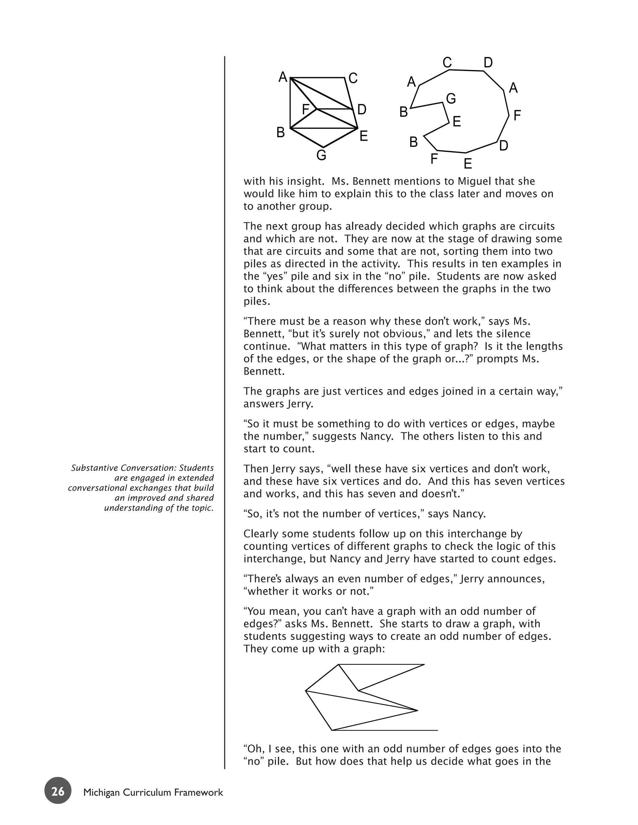 C       D
                                                  A             C           A                          A
                                                                                       G
                                                       F          D        B                           F
                                                                                        EE
                                                 B                  E          B                   D
                                                           G                       F       E
                                           with his insight. Ms. Bennett mentions to Miguel that she
                                           would like him to explain this to the class later and moves on
                                           to another group.
                                           The next group has already decided which graphs are circuits
                                           and which are not. They are now at the stage of drawing some
                                           that are circuits and some that are not, sorting them into two
                                           piles as directed in the activity. This results in ten examples in
                                           the “yes” pile and six in the “no” pile. Students are now asked
                                           to think about the differences between the graphs in the two
                                           piles.
                                           “There must be a reason why these don’t work,” says Ms.
                                           Bennett, “but it’s surely not obvious,” and lets the silence
                                           continue. “What matters in this type of graph? Is it the lengths
                                           of the edges, or the shape of the graph or...?” prompts Ms.
                                           Bennett.
                                           The graphs are just vertices and edges joined in a certain way,”
                                           answers Jerry.
                                           “So it must be something to do with vertices or edges, maybe
                                           the number,” suggests Nancy. The others listen to this and
                                           start to count.
      Substantive Conversation: Students   Then Jerry says, “well these have six vertices and don’t work,
                are engaged in extended    and these have six vertices and do. And this has seven vertices
     conversational exchanges that build
                an improved and shared     and works, and this has seven and doesn’t.”
             understanding of the topic.
                                           “So, it’s not the number of vertices,” says Nancy.
                                           Clearly some students follow up on this interchange by
                                           counting vertices of different graphs to check the logic of this
                                           interchange, but Nancy and Jerry have started to count edges.
                                           “There’s always an even number of edges,” Jerry announces,
                                           “whether it works or not.”
                                           “You mean, you can’t have a graph with an odd number of
                                           edges?” asks Ms. Bennett. She starts to draw a graph, with
                                           students suggesting ways to create an odd number of edges.
                                           They come up with a graph:




                                           “Oh, I see, this one with an odd number of edges goes into the
                                           “no” pile. But how does that help us decide what goes in the

26      Michigan Curriculum Framework
 