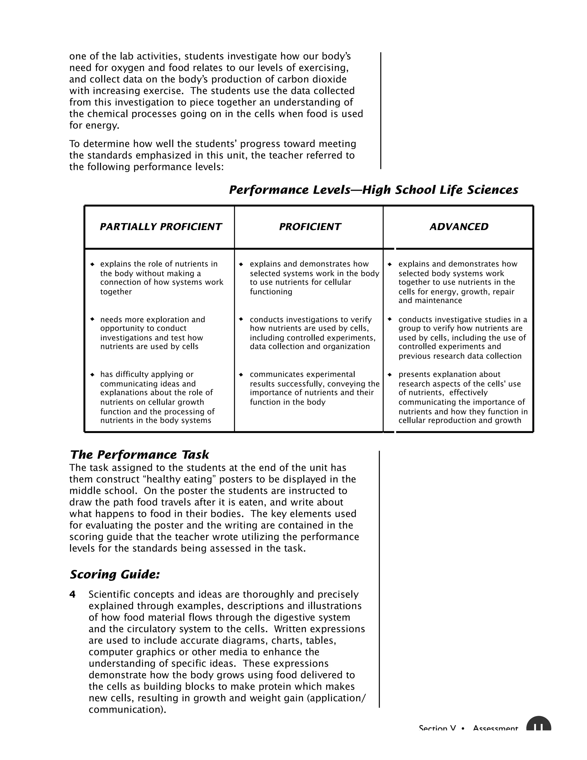 one of the lab activities, students investigate how our body’s
need for oxygen and food relates to our levels of exercising,
and collect data on the body’s production of carbon dioxide
with increasing exercise. The students use the data collected
from this investigation to piece together an understanding of
the chemical processes going on in the cells when food is used
for energy.
To determine how well the students’ progress toward meeting
the standards emphasized in this unit, the teacher referred to
the following performance levels:

                                          Performance Levels—High School Life Sciences


      PARTIALLY PROFICIENT                          PROFICIENT                             ADVANCED


      explains the role of nutrients in      explains and demonstrates how         explains and demonstrates how
      the body without making a              selected systems work in the body     selected body systems work
      connection of how systems work         to use nutrients for cellular         together to use nutrients in the
      together                               functioning                           cells for energy, growth, repair
                                                                                   and maintenance

      needs more exploration and             conducts investigations to verify     conducts investigative studies in a
      opportunity to conduct                 how nutrients are used by cells,      group to verify how nutrients are
      investigations and test how            including controlled experiments,     used by cells, including the use of
      nutrients are used by cells            data collection and organization      controlled experiments and
                                                                                   previous research data collection

      has difficulty applying or             communicates experimental             presents explanation about
      communicating ideas and                results successfully, conveying the   research aspects of the cells' use
      explanations about the role of         importance of nutrients and their     of nutrients, effectively
      nutrients on cellular growth           function in the body                  communicating the importance of
      function and the processing of                                               nutrients and how they function in
      nutrients in the body systems                                                cellular reproduction and growth



The Performance Task
The task assigned to the students at the end of the unit has
them construct “healthy eating” posters to be displayed in the
middle school. On the poster the students are instructed to
draw the path food travels after it is eaten, and write about
what happens to food in their bodies. The key elements used
for evaluating the poster and the writing are contained in the
scoring guide that the teacher wrote utilizing the performance
levels for the standards being assessed in the task.

Scoring Guide:
4   Scientific concepts and ideas are thoroughly and precisely
    explained through examples, descriptions and illustrations
    of how food material flows through the digestive system
    and the circulatory system to the cells. Written expressions
    are used to include accurate diagrams, charts, tables,
    computer graphics or other media to enhance the
    understanding of specific ideas. These expressions
    demonstrate how the body grows using food delivered to
    the cells as building blocks to make protein which makes
    new cells, resulting in growth and weight gain (application/
    communication).
                                                                                        Section V • Assessment           11
 