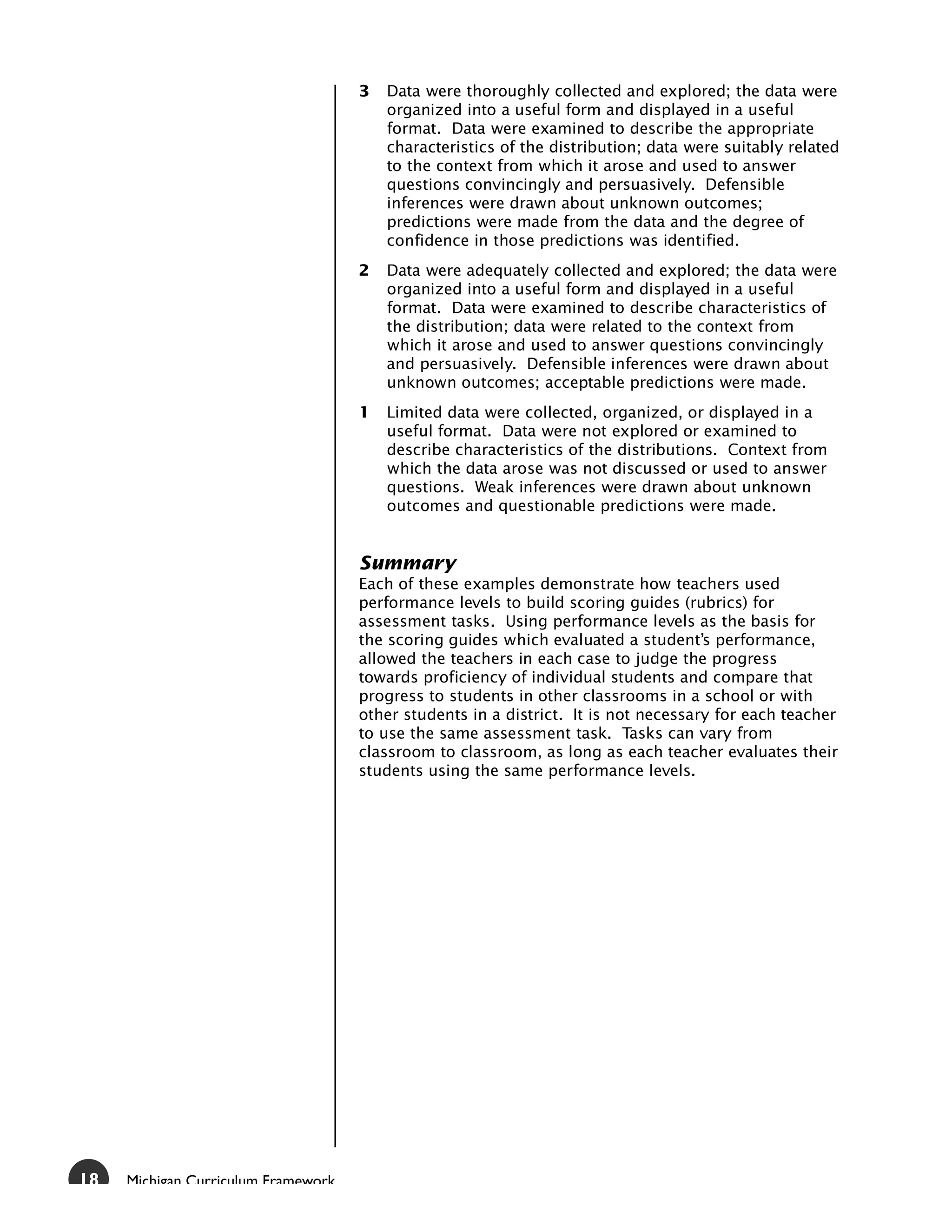 3   Data were thoroughly collected and explored; the data were
                                         organized into a useful form and displayed in a useful
                                         format. Data were examined to describe the appropriate
                                         characteristics of the distribution; data were suitably related
                                         to the context from which it arose and used to answer
                                         questions convincingly and persuasively. Defensible
                                         inferences were drawn about unknown outcomes;
                                         predictions were made from the data and the degree of
                                         confidence in those predictions was identified.
                                     2   Data were adequately collected and explored; the data were
                                         organized into a useful form and displayed in a useful
                                         format. Data were examined to describe characteristics of
                                         the distribution; data were related to the context from
                                         which it arose and used to answer questions convincingly
                                         and persuasively. Defensible inferences were drawn about
                                         unknown outcomes; acceptable predictions were made.
                                     1   Limited data were collected, organized, or displayed in a
                                         useful format. Data were not explored or examined to
                                         describe characteristics of the distributions. Context from
                                         which the data arose was not discussed or used to answer
                                         questions. Weak inferences were drawn about unknown
                                         outcomes and questionable predictions were made.


                                     Summary
                                     Each of these examples demonstrate how teachers used
                                     performance levels to build scoring guides (rubrics) for
                                     assessment tasks. Using performance levels as the basis for
                                     the scoring guides which evaluated a student’s performance,
                                     allowed the teachers in each case to judge the progress
                                     towards proficiency of individual students and compare that
                                     progress to students in other classrooms in a school or with
                                     other students in a district. It is not necessary for each teacher
                                     to use the same assessment task. Tasks can vary from
                                     classroom to classroom, as long as each teacher evaluates their
                                     students using the same performance levels.




18   Michigan Curriculum Framework
 