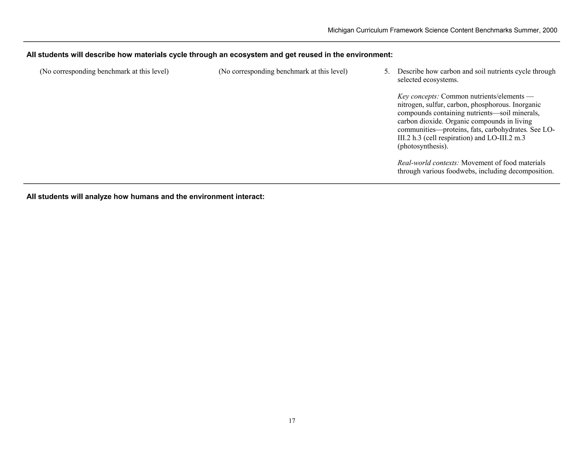 Michigan Curriculum Framework Science Content Benchmarks Summer, 2000


All students will describe how materials cycle through an ecosystem and get reused in the environment:

   (No corresponding benchmark at this level)        (No corresponding benchmark at this level)         5.   Describe how carbon and soil nutrients cycle through
                                                                                                             selected ecosystems.

                                                                                                             Key concepts: Common nutrients/elements —
                                                                                                             nitrogen, sulfur, carbon, phosphorous. Inorganic
                                                                                                             compounds containing nutrients—soil minerals,
                                                                                                             carbon dioxide. Organic compounds in living
                                                                                                             communities—proteins, fats, carbohydrates. See LO-
                                                                                                             III.2 h.3 (cell respiration) and LO-III.2 m.3
                                                                                                             (photosynthesis).

                                                                                                             Real-world contexts: Movement of food materials
                                                                                                             through various foodwebs, including decomposition.


All students will analyze how humans and the environment interact:




Section II • Michigan Content Standards and Draft Benchmarks
                                                                           17
 