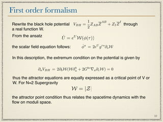 First order formalism
                                         1      AB       I
Rewrite the black hole potential VBH    = ZAB Z    + ZI Z through
                                         2
a real function W.
From the ansatz              ˙
                             U = eU W(φ(τ ))
the scalar ﬁeld equation follows:       ˙
                                        φa = 2eU g rs ∂s W

In this description, the extremum condition on the potential is given by

               ∂a VBH = 2∂b W(Wδa + 2Gbc ∇a ∂c W) = 0
                                b


 thus the attractor equations are equally expressed as a critical point of V or
 W. For N=2 Supergravity
                                    W = |Z|
the attractor point condition thus relates the spacetime dynamics with the
ﬂow on moduli space.


                                                                                  10
 
