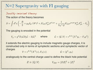 N=2 Supergravity with FI gauging
Duality invariant theory
The action of the theory becomes
                                                                                         
              R                                  1
S=       d x − + gi¯∂µ z ∂ z + NΛΣ Fµν F
          4
                          ¯
                        i µ ¯
                                   Λ    Λ µν
                                              + √ NΛΣ µνρσ Fµν Fρσ − Vg
                                                             Λ   Σ
              2                                2 −g

The gauging is encoded in the potential
                                                                                          
     Vg = g Di LD¯L − 3|L|
              i¯
               
                 
                                2
                                      where      L = G, V = eK/2        Λ
                                                                         X gΛ − FΛ g   Λ



it extends the electric gauging to include magnetic gauge charges, it is
constructed only in terms of symplectic sections and symplectic vector of
charges
                   V = eK/2 (X Λ (z), FΛ (z))         G = (˜Λ , gΛ )
                                                           g

analogously to the central charge used to deﬁne the black hole potential

                       Z ≡ Q, V               VBH = |DZ|2 + |Z|2
                                                                                           15
 