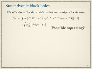 Static dyonic black holes
The effective action for a static spherically configuration becomes
            
                  2ψ  2    2     i  
                                        ¯   2U −4ψ        −2U
                                                                
     S1d =     dr e U − ψ + gi¯z z + e
                                      ¯           VBH + e Vg − 1
              
                   d  2ψ       
                                   
            + dr       e (2ψ − U )
                   dr
                                      Possible squaring?




                                                                      17
 