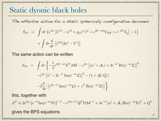 Static dyonic black holes
The effective action for a static spherically configuration becomes
            
                  2ψ  2    2     i  
                                        ¯   2U −4ψ        −2U
                                                                
     S1d =     dr e U − ψ + gi¯z z + e
                                      ¯           VBH + e Vg − 1
              
                   d  2ψ       
                                   
            + dr       e (2ψ − U )
                   dr

The same action can be written
                   
                       1 2(U −ψ) T        2ψ
                                                     −U   −iα
                                                                2
     S1d    =   dr − e          E ME − e (α + Ar ) + 2e Re(e L)
                       2
                2ψ
                         −U       −iα
                                        2
              −e ψ − 2e Im(e L) − (1 + G, Q)
                                                    
                 d  2ψ−U       −iα      U     −iα
                                                   
              −2     e     Im(e L) + e Re(e Z)
                 dr
this, together with
               −U      −iα
                                
 T
E ≡ 2e 2ψ
                e    Im(e     V)     T
                                         − e2(ψ−U ) G T ΩM−1 + 4e−U (α + Ar )Re(e−iα V)T + QT

gives the BPS equations
                                                                                                 17
 