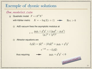 Exemple of dyonic solutions
One modulus case
    Quadratic model F = iX 0 X 1
    with Kähler metric      K = − log 2(z + z )
                                            ¯                     Rez  0

       AdS vacuum ﬁxes the asymptotic modulus at

                       g0 g1 + g 0 g 1 + i (g0 g 0 − g1 g 1 )
                    z=
                                (g1 )2 + (g 0 )2
       Attractor equations are

                        I2 (G) = |G|2 − |Di G|2 = g0 g1 + g 0 g 1

                                    e−2A = −I2 (G)
       thus requiring                       g0 g1 + g 0 g 1  0
                                                                            !!
                                                                    sis tent
                                                           I ncon
                                                                                 25
 
