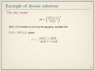 Exemple of dyonic solutions
The stu model
                                                   3
                                        SU (1, 1)
                             M=
                                         U (1)

 SU(1,1)³ is broken to U(1) by the gauging, consider the

 U(1) ⊂ SU(1,1) action

                           cos θi z i + sin θi
                     zi →            i + cos θ
                                                 .
                          − sin θi z           i




                                                           28
 