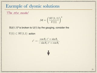 Exemple of dyonic solutions
The stu model
                                                   3
                                        SU (1, 1)
                             M=
                                         U (1)

 SU(1,1)³ is broken to U(1) by the gauging, consider the

 U(1) ⊂ SU(1,1) action

                           cos θi z i + sin θi
                     zi →            i + cos θ
                                                 .
                          − sin θi z           i




                                                           28
 