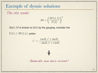 Exemple of dyonic solutions
The stu model
                                                   3
                                        SU (1, 1)
                             M=
                                         U (1)

 SU(1,1)³ is broken to U(1) by the gauging, consider the

 U(1) ⊂ SU(1,1) action

                           cos θi z i + sin θi
                     zi →            i + cos θ
                                                 .
                          − sin θi z           i




                   Generate non zero axions!

                                                           28
 