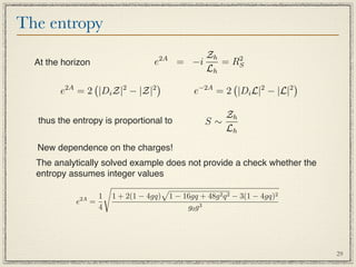 The entropy
                                             2A        Zh     2
  At the horizon                         e        = −i    = RS
                                                       Lh
         2A
                               2        2
                                                    −2A
                                                                  2     2
                                                                           
        e     = 2 |Di Z| − |Z|                      e    = 2 |Di L| − |L|

                                                           Zh
  thus the entropy is proportional to                   S∼
                                                           Lh
  New dependence on the charges!
  The analytically solved example does not provide a check whether the
  entropy assumes integer values
                                          
              2A     1       1 + 2(1 − 4gq) 1 − 16gq + 48g 2 q 2 − 3(1 − 4gq)2
              e    =
                     4                           g0 g 3




                                                                                 29
 
