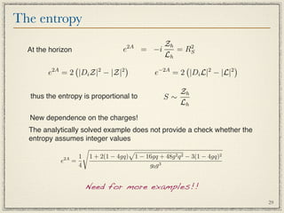 The entropy
                                             2A        Zh     2
  At the horizon                         e        = −i    = RS
                                                       Lh
         2A
                               2        2
                                                    −2A
                                                                  2     2
                                                                           
        e     = 2 |Di Z| − |Z|                      e    = 2 |Di L| − |L|

                                                           Zh
  thus the entropy is proportional to                   S∼
                                                           Lh
  New dependence on the charges!
  The analytically solved example does not provide a check whether the
  entropy assumes integer values
                                          
              2A     1       1 + 2(1 − 4gq) 1 − 16gq + 48g 2 q 2 − 3(1 − 4gq)2
              e    =
                     4                           g0 g 3


                         Need for more examples!!
                                                                                 29
 