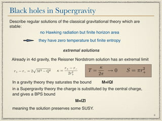 Black holes in Supergravity
Describe regular solutions of the classical gravitational theory which are
stable:
                no Hawking radiation but ﬁnite horizon area
                they have zero temperature but ﬁnite entropy

                              extremal solutions

 Already in 4d gravity, the Reissner Nordstrom solution has an extremal limit
                            r+ − r −             κ                       2
  r+ − r− = 2 M 2 − Q2    κ=     2
                               2r+
                                             T =    →0            S=    πr+
                                                 2π
 In a gravity theory they saturates the bound       M=|Q|
 in a Supergravity theory the charge is substituted by the central charge,
 and gives a BPS bound
                                     M=|Z|
 meaning the solution preserves some SUSY.
                                                                                6
 