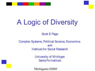 Michigania 02005
A Logic of Diversity
Scott E Page
Complex Systems, Political Science, Economics
and
Institutefor Social Research
University of Michigan
SantaFeInstitute
 