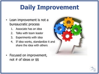 Daily Improvement
• Lean improvement is not a
  bureaucratic process
   1. Associate has an idea
   2. Talks with team leader
   3. Experiments with idea
   4. If idea works, standardize it and
      share the idea with others


• Focused on improvement,
  not # of ideas or $$


                                          23
 