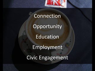 Connection
  Opportunity
   Education
  Employment
Civic Engagement
 