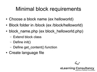 Minimal block requirements
● Choose a block name (ex helloworld)
● Block folder in /block (ex /block/helloworld)
● block_name.php (ex block_helloworld.php)
– Extend block class
– Define init()
– Define get_content() function
● Create language file
 