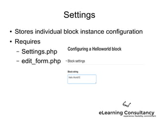 Settings
● Stores individual block instance configuration
● Requires
– Settings.php
– edit_form.php
 