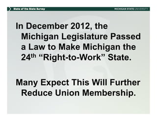 In December 2012, the
  Michigan Legislature Passed
  a Law to Make Michigan the
  24 th “Right-to-Work” State.



Many Expect This Will Further
 Reduce Union Membership.
 