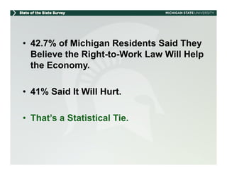 • 42.7% of Michigan Residents Said They
  Believe the Right-to-Work Law Will Help
  the Economy.

• 41% Said It Will Hurt.

• That’s a Statistical Tie.
  That s
 