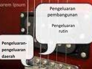 Pengeluaran
               pembangunan

                Pengeluaran
                   rutin

Pengeluaran-
pengeluaran
daerah
 