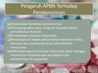Pengaruh APBN Terhadap
             Perekonomian

Memperbaiki kestabilan perekonomian
Menunjang sektor pasar yang ikut berperan dalam
 pertumbuhan ekonomi
Menimbulkan investasi masyarakat
Mempengaruhi tingkat pertumbuhan ekonomi melalui
 kemauan dan kemampuan kerja rakyat beserta
 investasinya
APBN berpengaruh terhadap mekanisme pasar sehingga
 membentuk ketidaksamaan pendapatan dan
 kesejahteraan di masyarakat
 