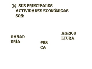 Sus principales
 actividades económicas
 son:



                    Agricu
Ganad               ltura
ería       Pes
           ca
 