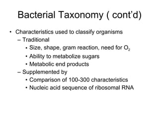 Bacterial Taxonomy ( cont’d) Characteristics used to classify organisms Traditional Size, shape, gram reaction, need for O 2 Ability to metabolize sugars Metabolic end products Supplemented by Comparison of 100-300 characteristics Nucleic acid sequence of ribosomal RNA 