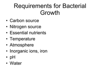 Requirements for Bacterial Growth Carbon source Nitrogen source Essential nutrients Temperature Atmosphere Inorganic ions, iron pH Water 