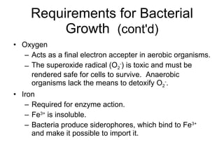 Requirements for Bacterial Growth  (cont'd) Oxygen Acts as a final electron accepter in aerobic organisms. The superoxide radical (O 2 - ) is toxic and must be rendered safe for cells to survive.  Anaerobic organisms lack the means to detoxify O 2 - . Iron Required for enzyme action. Fe 3+  is insoluble. Bacteria produce siderophores, which bind to Fe 3+  and make it possible to import it. 