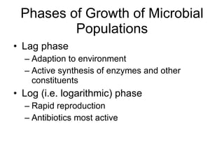 Phases of Growth of Microbial Populations Lag phase Adaption to environment Active synthesis of enzymes and other constituents Log (i.e. logarithmic) phase Rapid reproduction Antibiotics most active 